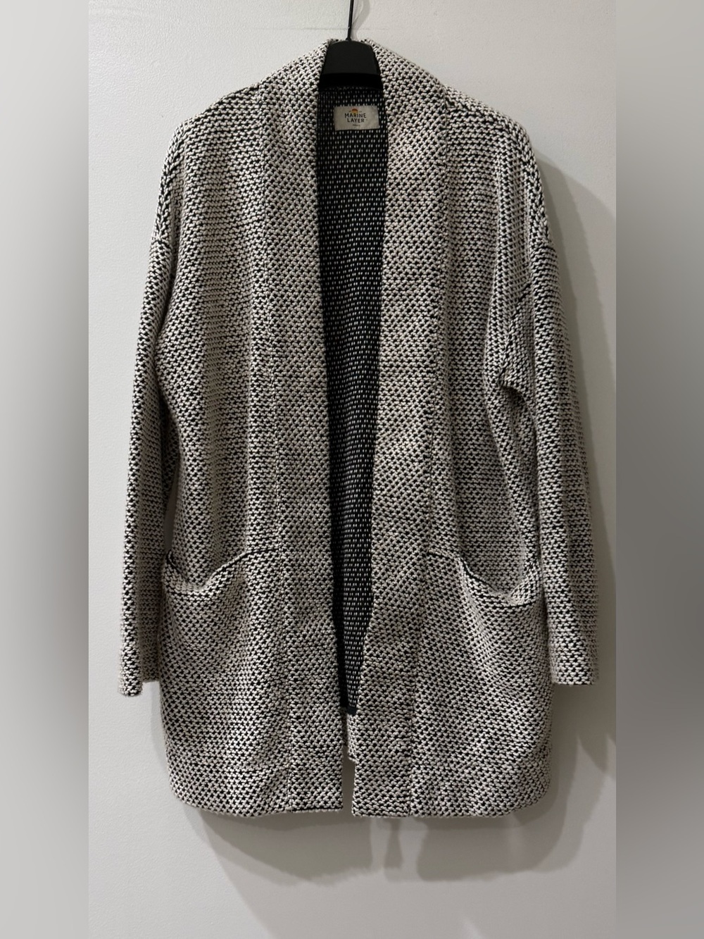Marine Layer | Black White Textured Knit Open Cardigan with Pockets | Size = S
